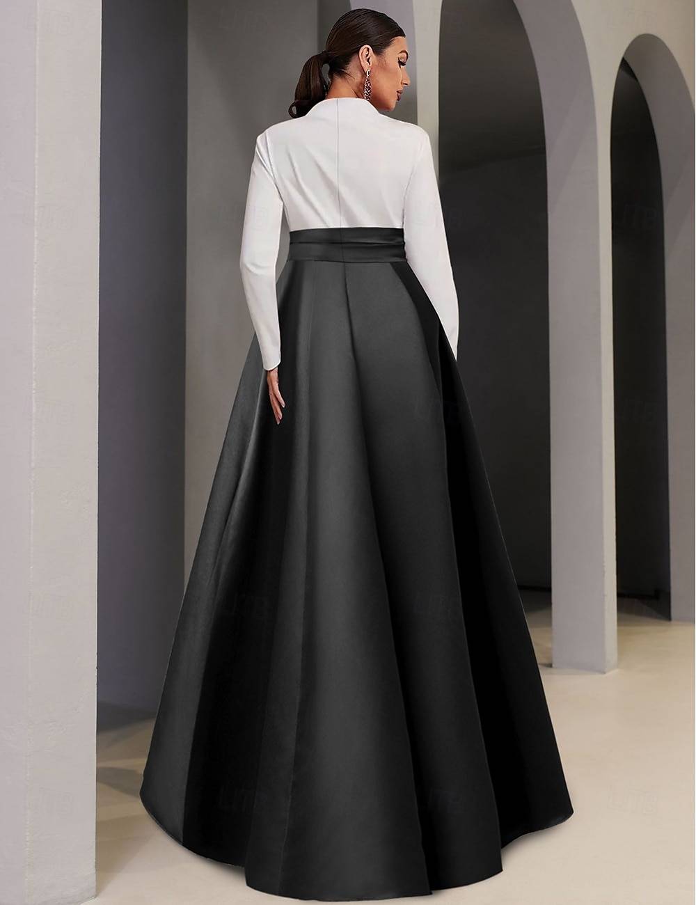 Formal Dress Black White Long Sleeve Asymmetrical Neck A-Line Gown