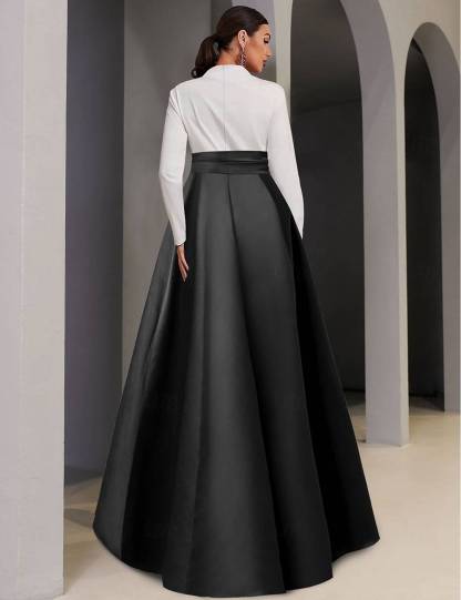 Formal Dress Black White Long Sleeve Asymmetrical Neck A-Line Gown