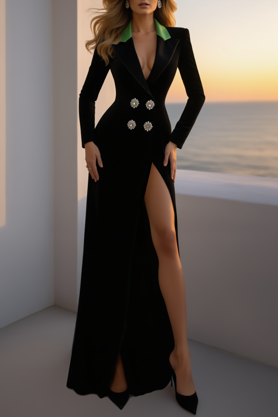 Evening Dress Black Deep V Long Sleeve Lapel High Slit Maxi Dress