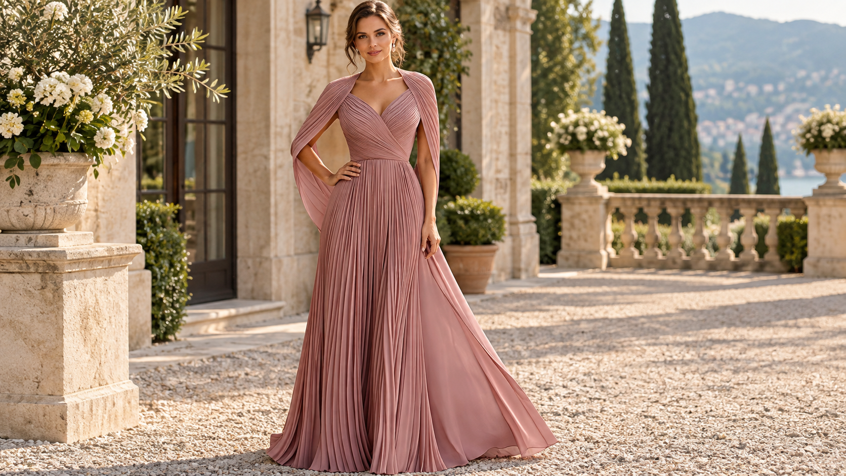 Pleated cape sleeve formal dress with cross V-neck