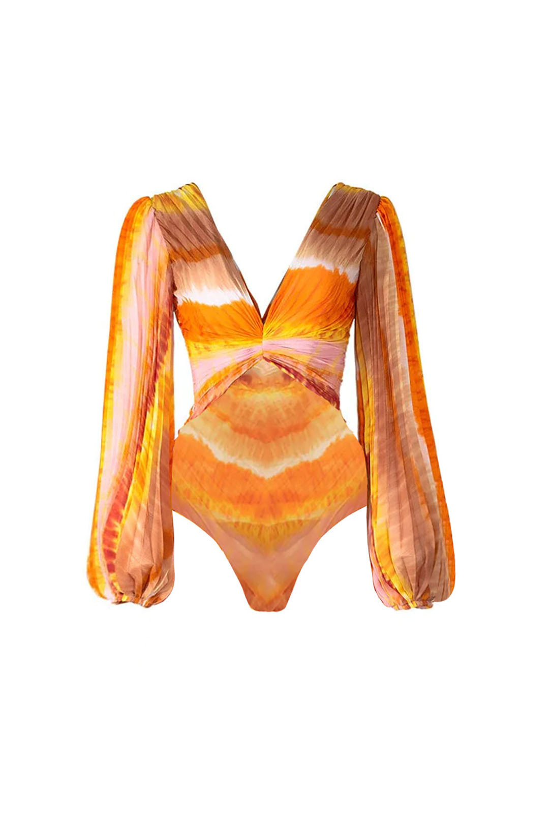 Deep V-Neck Yellow Long-Sleeved Printed One-Piece Swimsuit and Cover-Up