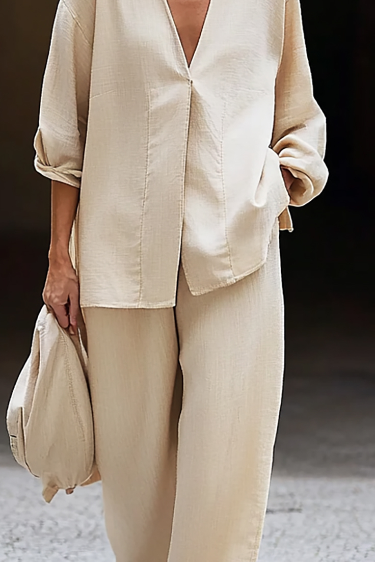 Daily Casual Set Beige Deep V Linen Long Sleeve Pants Set