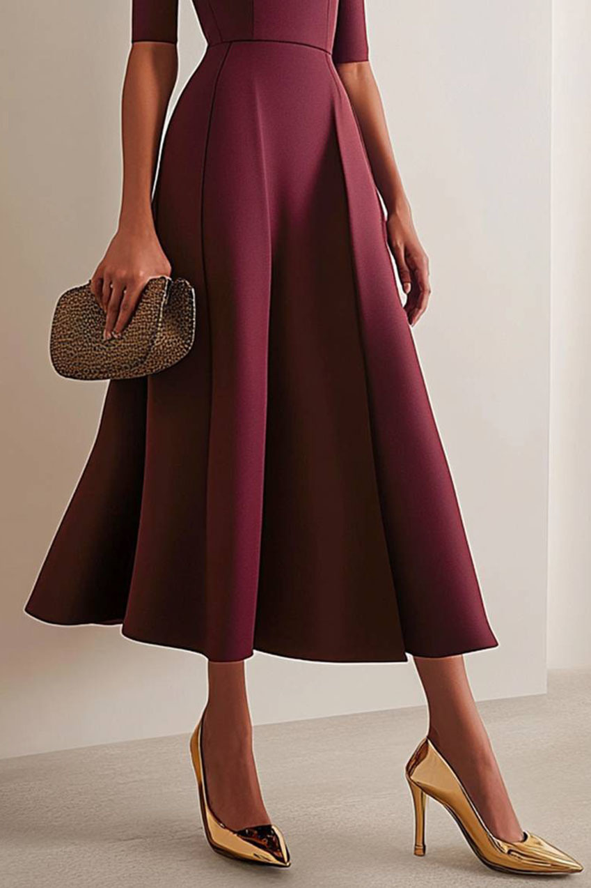 Daily Elegant Dark Red Dress Half Sleeve Round Neck Flared Midi Dress