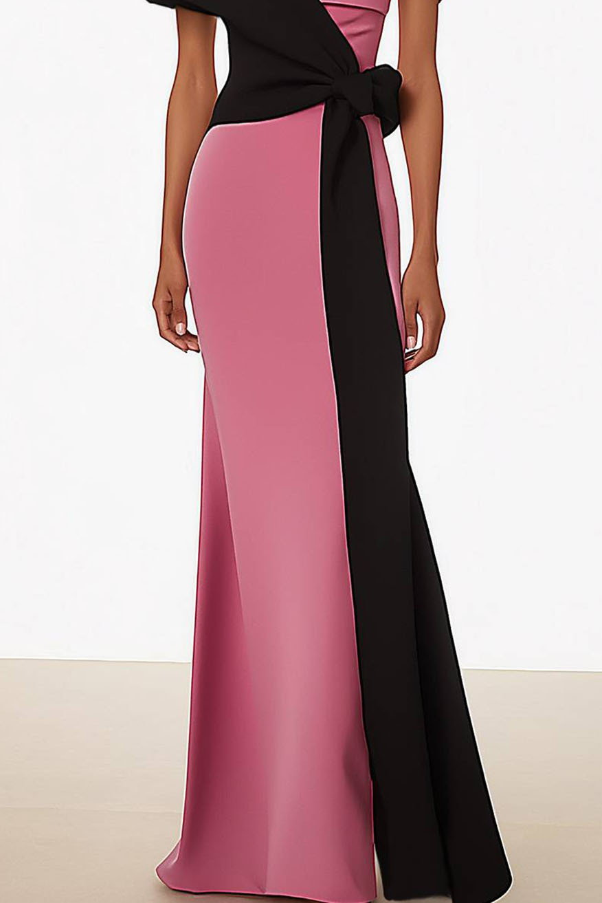 Party Wedding Guest Black Pink Dress One Shoulder Asymmetrical Maxi Dress