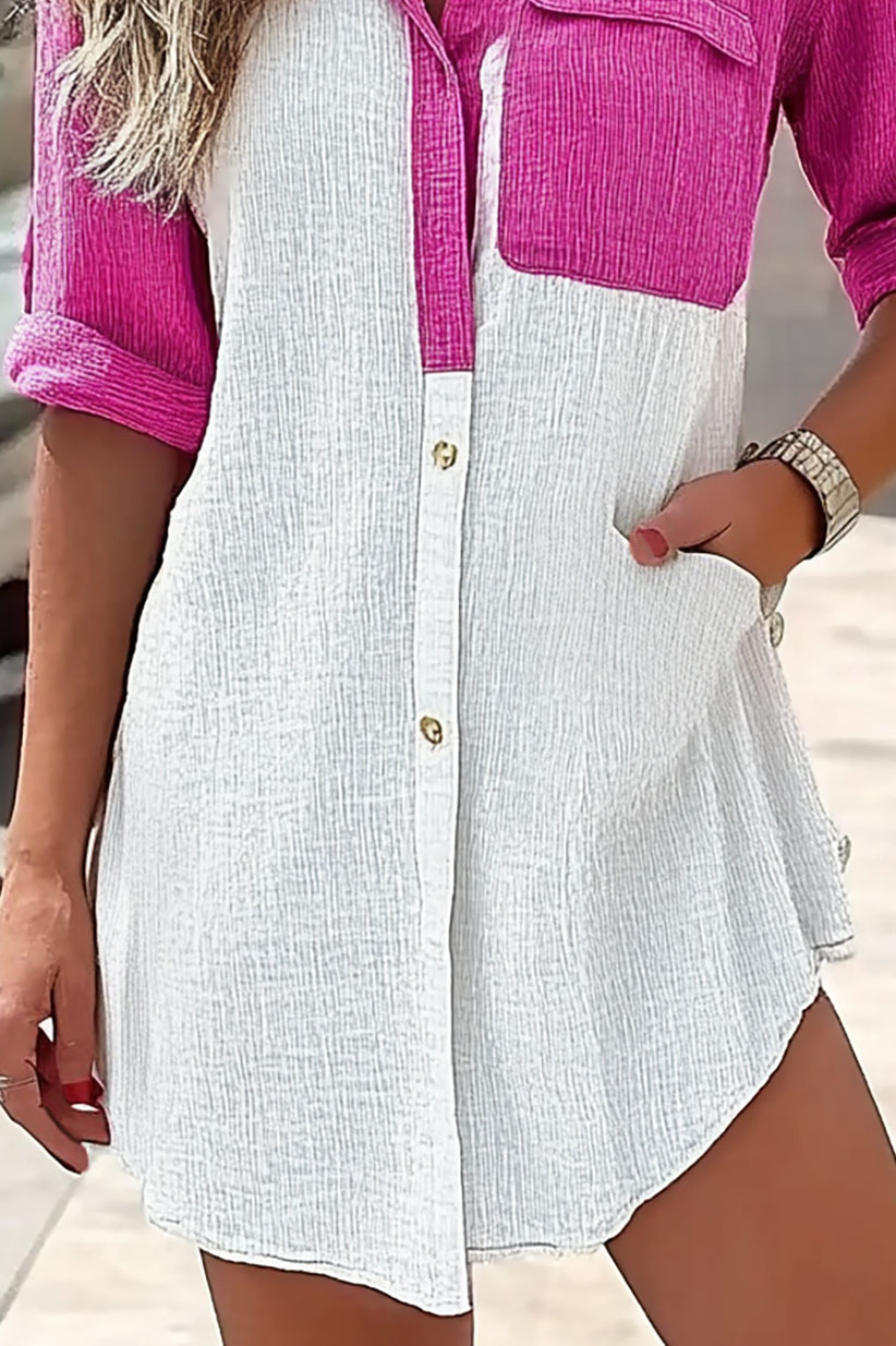 Daily Casual Top Pink White Colorblock Lapel Button-Up Shirt