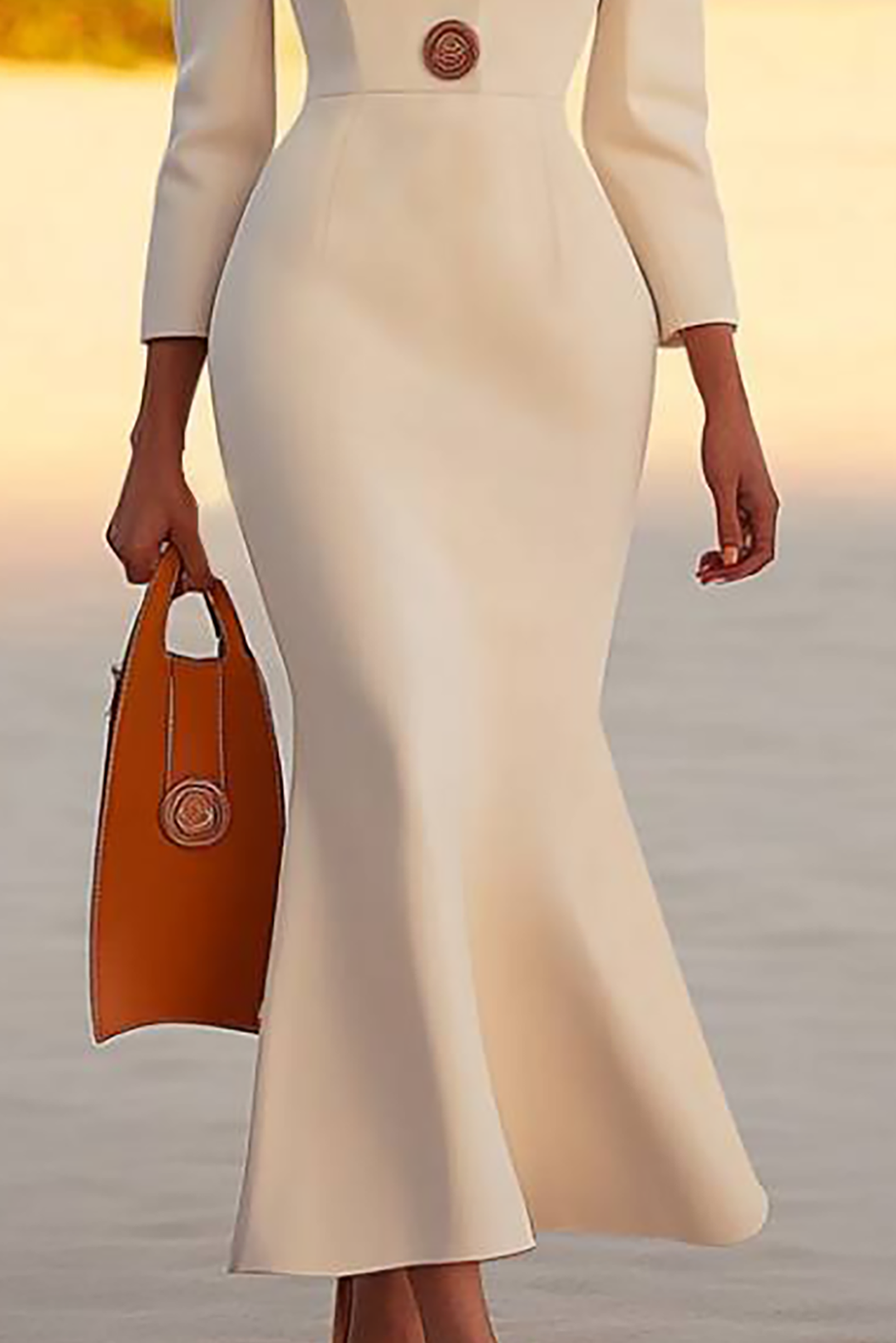 Work Semi-Formal Beige Dress V Neck Long Sleeves Midi Dress