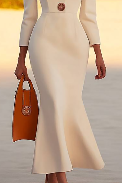 Work Semi-Formal Beige Dress V Neck Long Sleeves Midi Dress