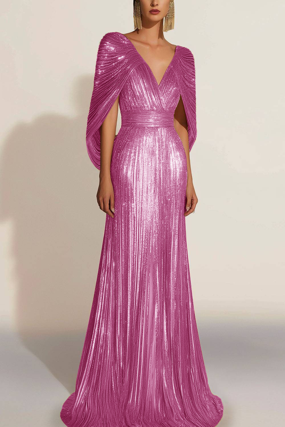 Formal Evening Fringe Dress Gold Cape V-neck Floor-length Gown