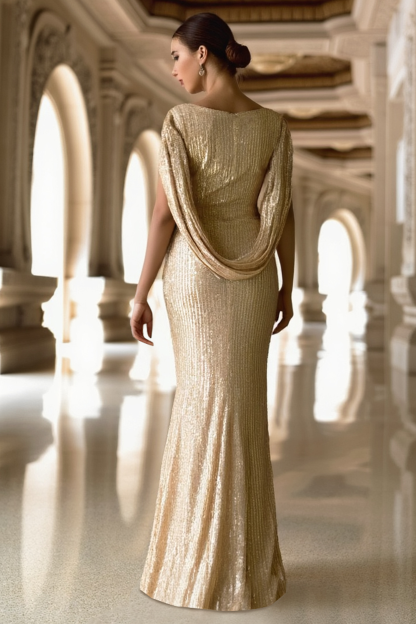 Formal Fequin Dress Golden V Neck Floor-Length Dress