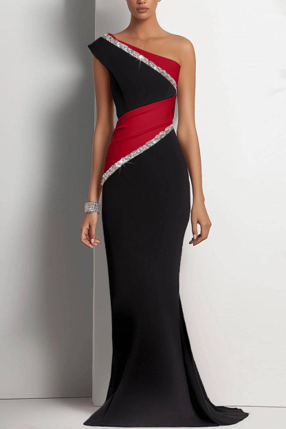 Party One-Shoulder Diamond Dress Black White Maxi Dress