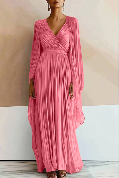 Evening Party Dress Pleated V-Neck Cape Maxi Dress