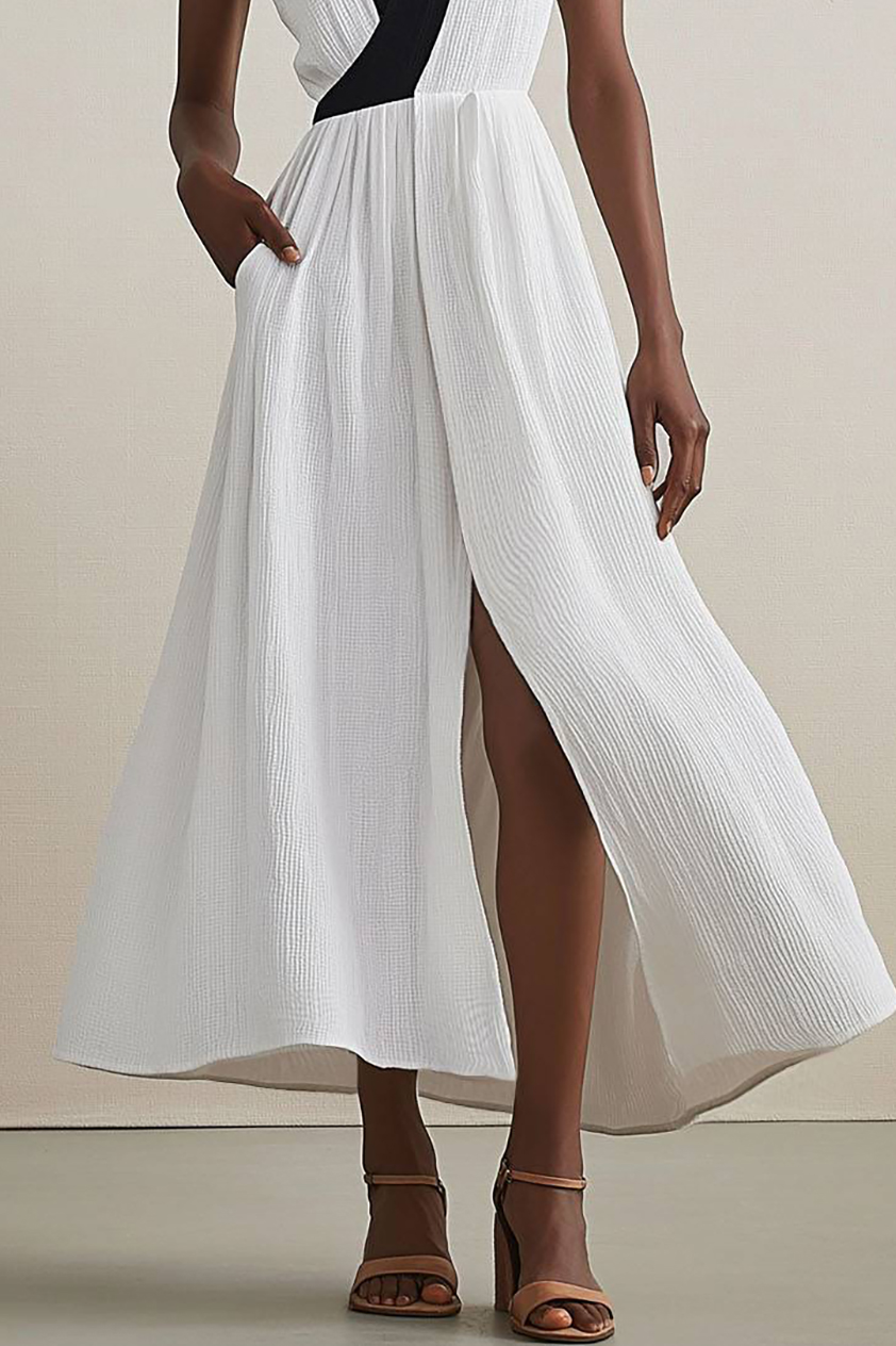 Bohemian Casual Dress Colorblock Sleeveless Linen with Pockets Slit Maxi Dress