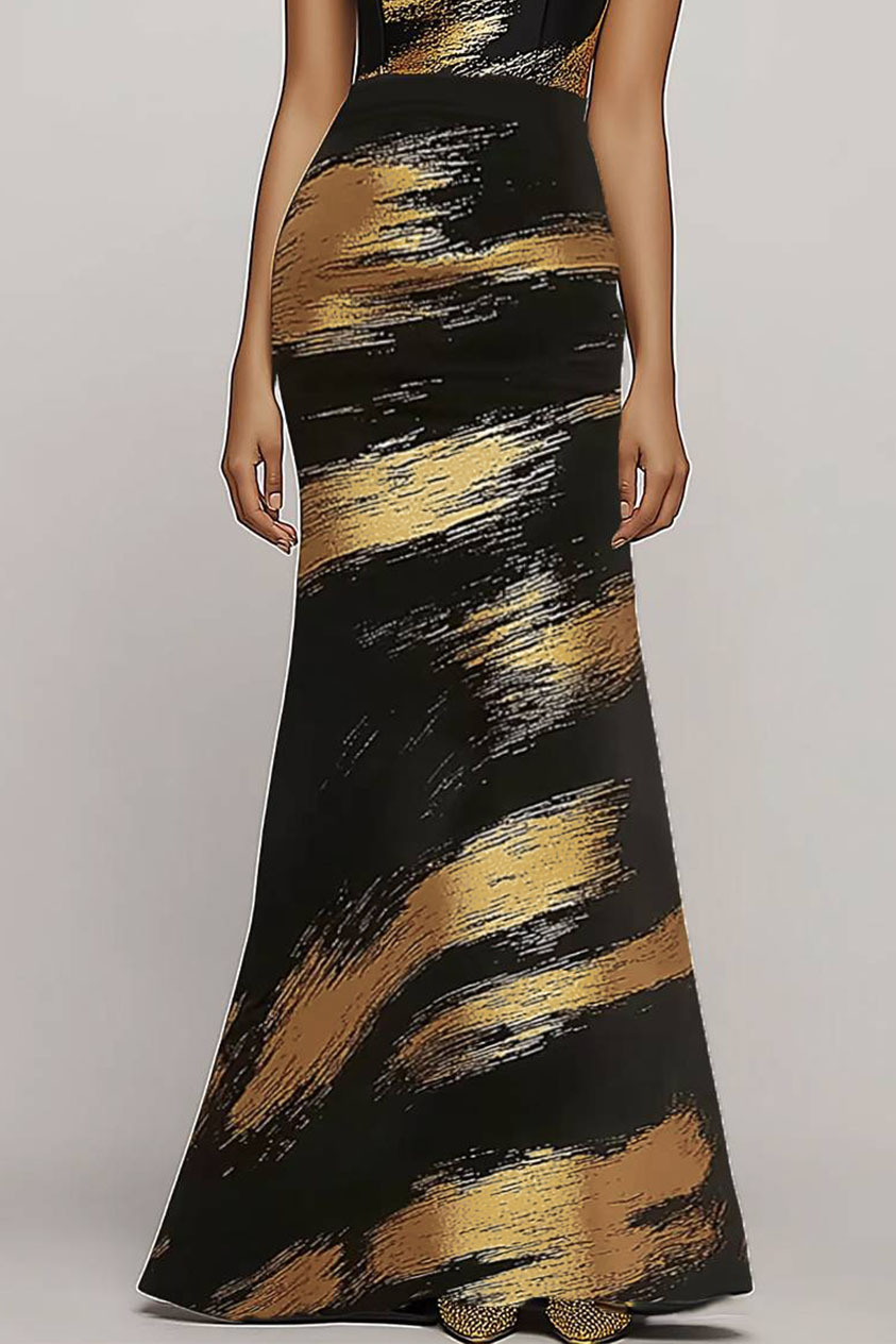 Evening Black Gold Dress Print Asymmetric Off-Shoulder Slim Dress