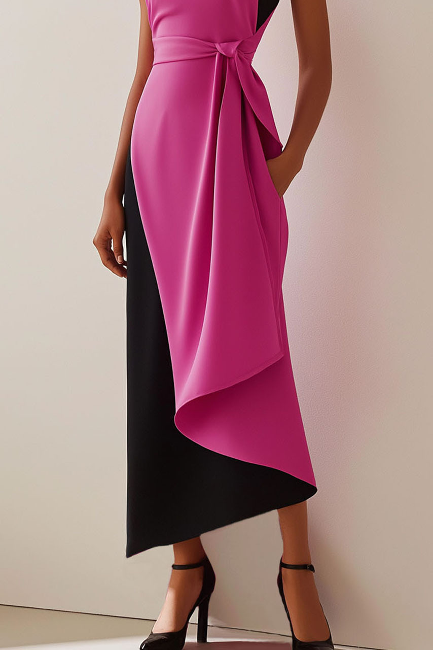 Daily Color-Block Dress Sleeveless Asymmetrical Dress Side Drape Midi Dress