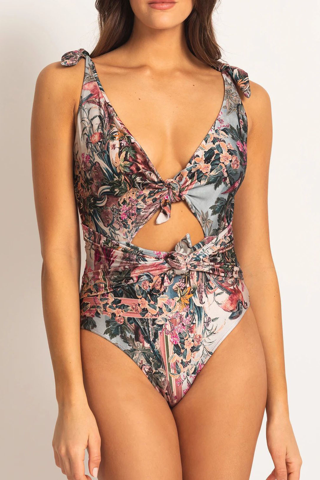 Tie-Up Hollow Vintage Print One-Piece Swimsuit and Trousers