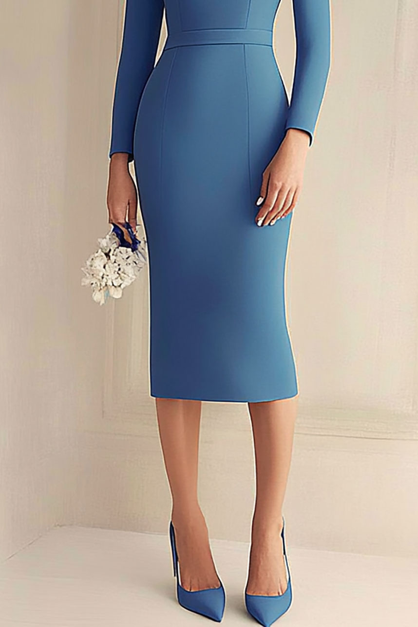 Wedding Guest Blue Dress Long Sleeve Waisted Midi Dress