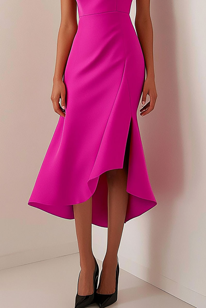 Daily Party Dress Rose Red Round Neck Slit Sleeveless Midi Dress
