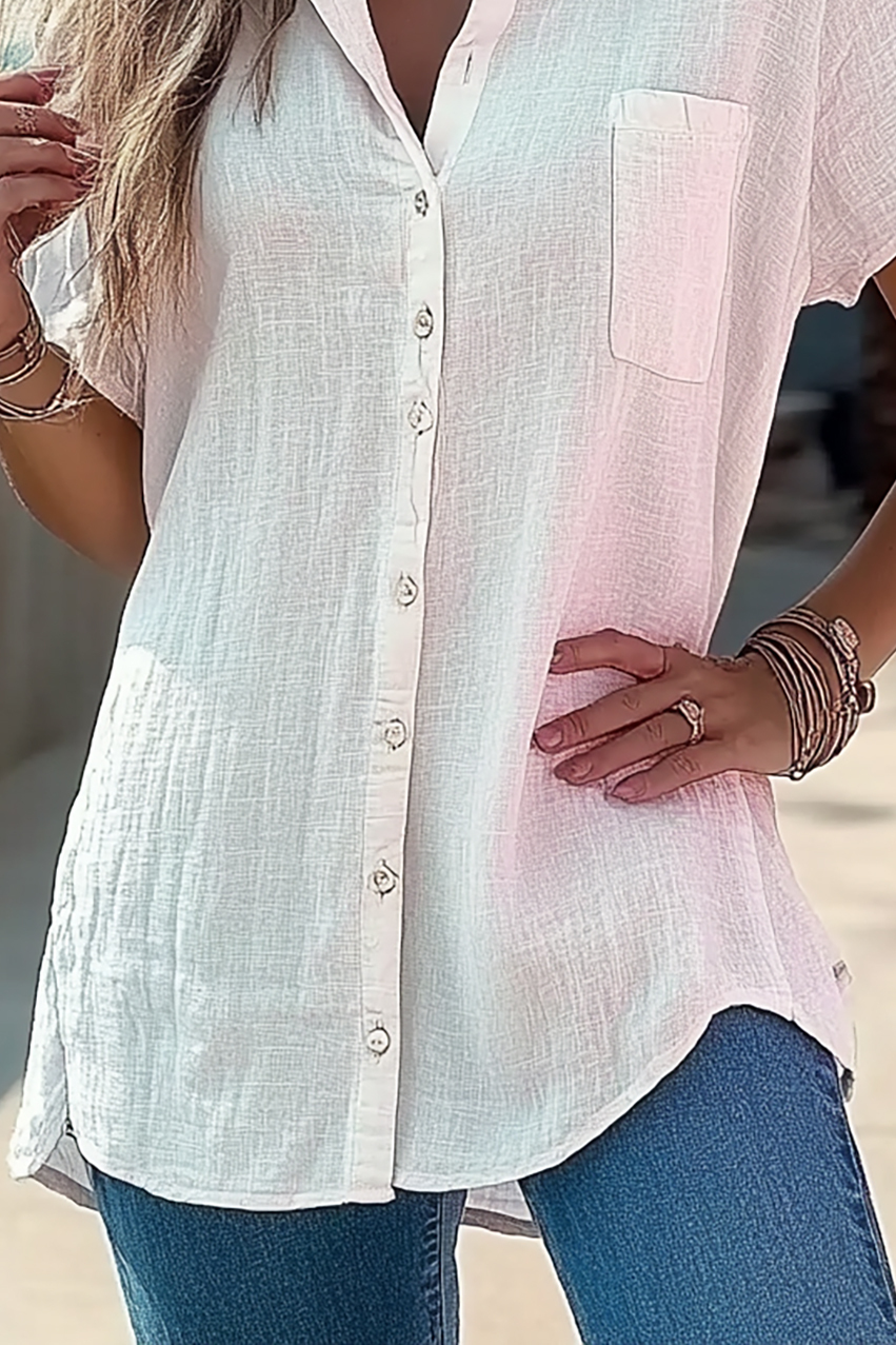 Casual Daily Top White Linen Collared Button-Up with Pockets Shirt