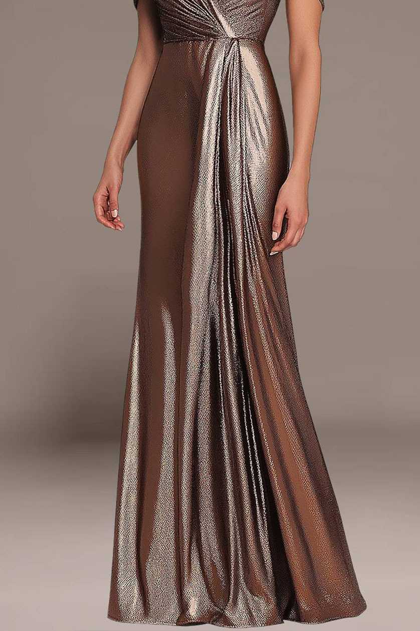 Evening Party Metallic Dress Elastic Pleated Design V-neck Maxi Dress