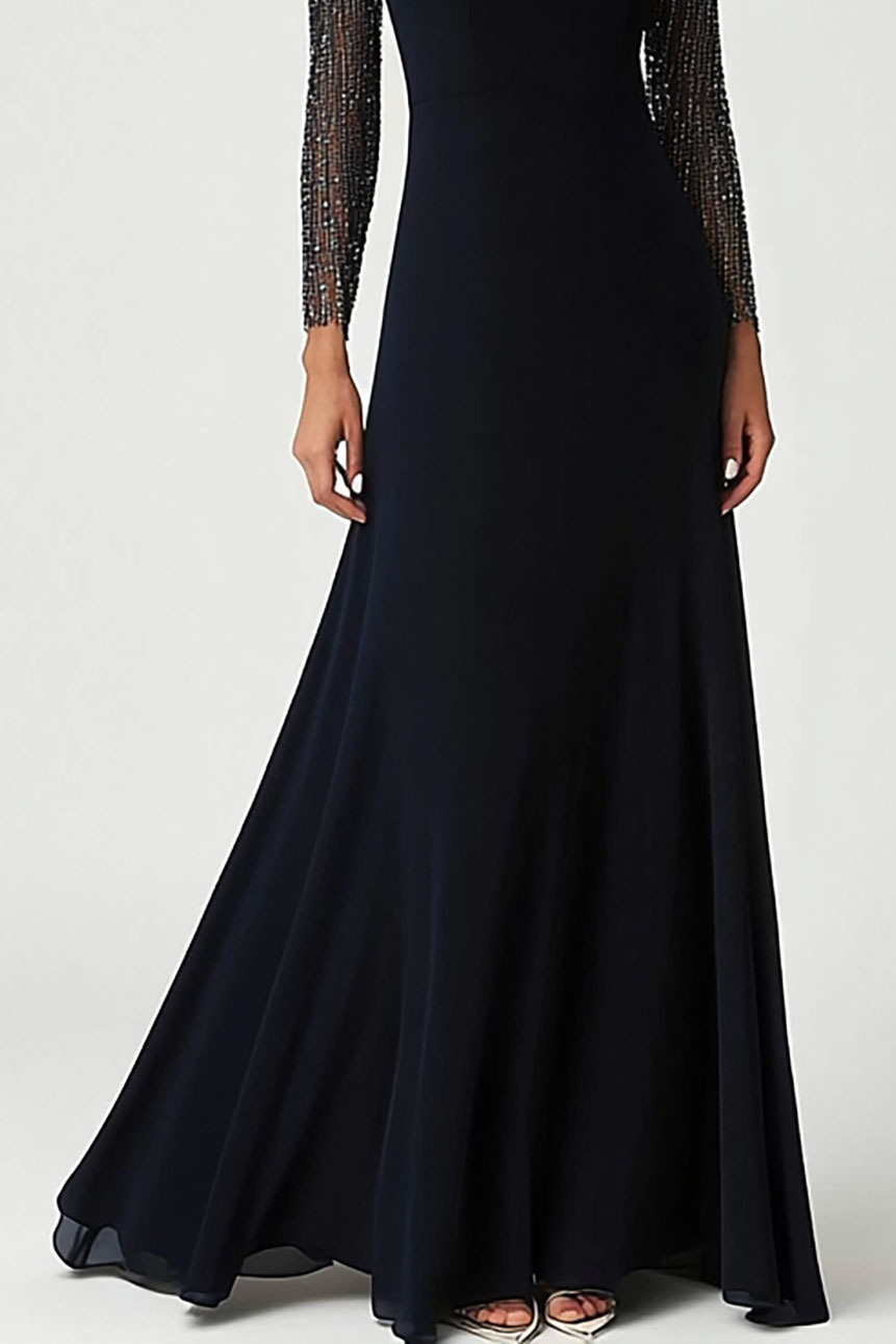 Elegant Evening Black Dress Shiny Long Sleeve Maxi Dress