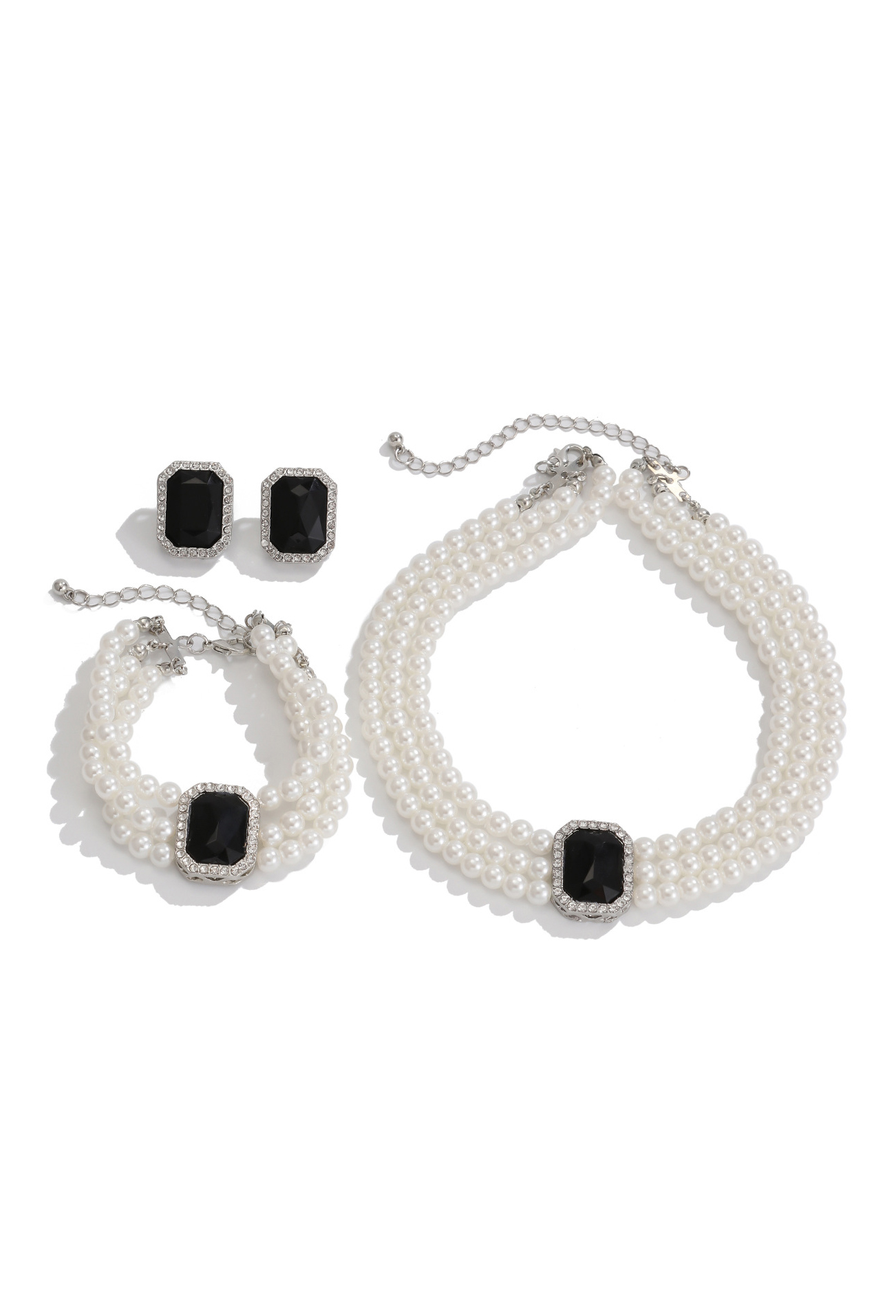 Short Three Layer Pearl Choker Necklace Turquoise Ring Bracelet Set