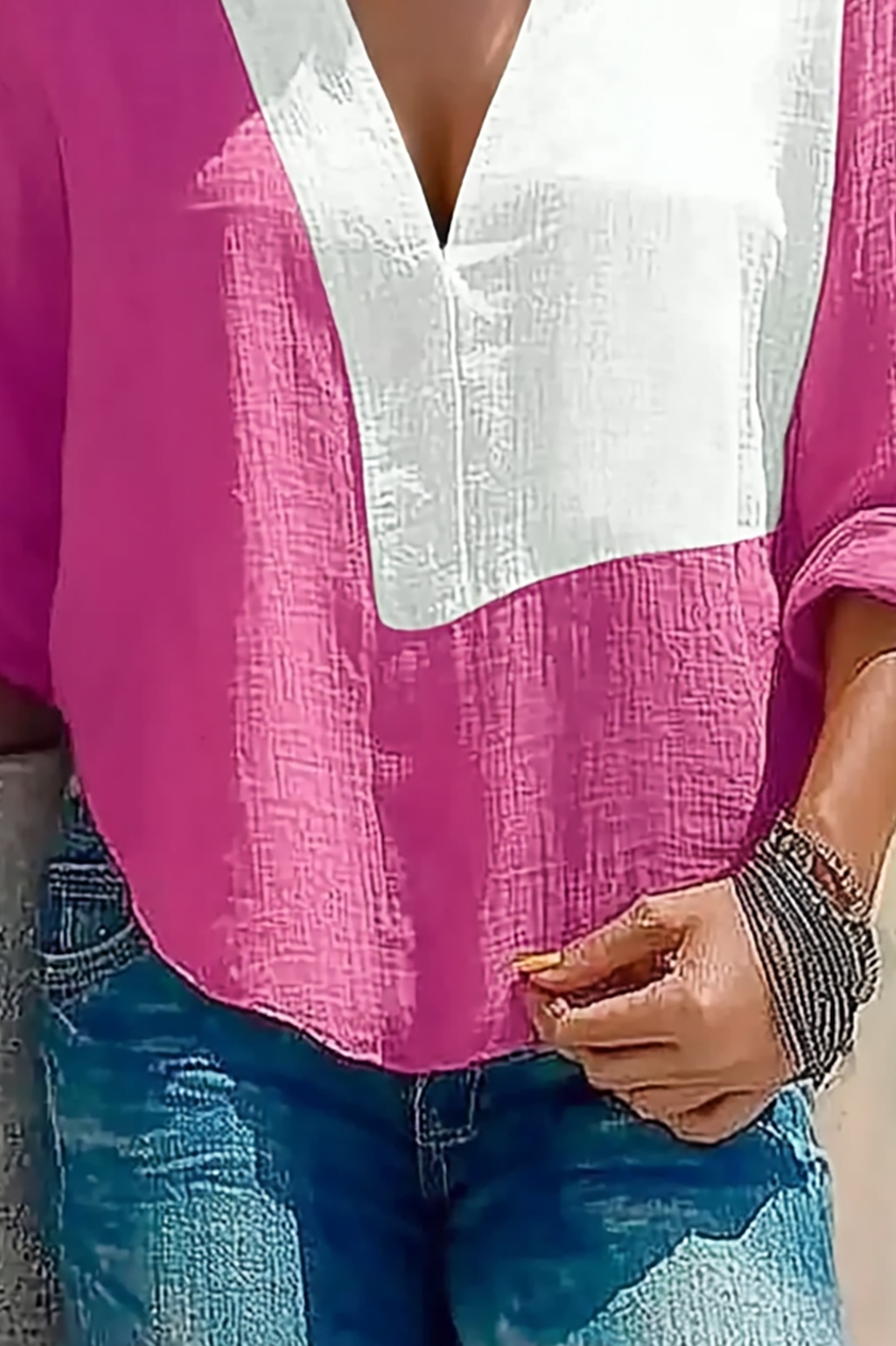 Casual Daily Top Pink White Colorblock Deep V Loose Long Sleeve Shirt
