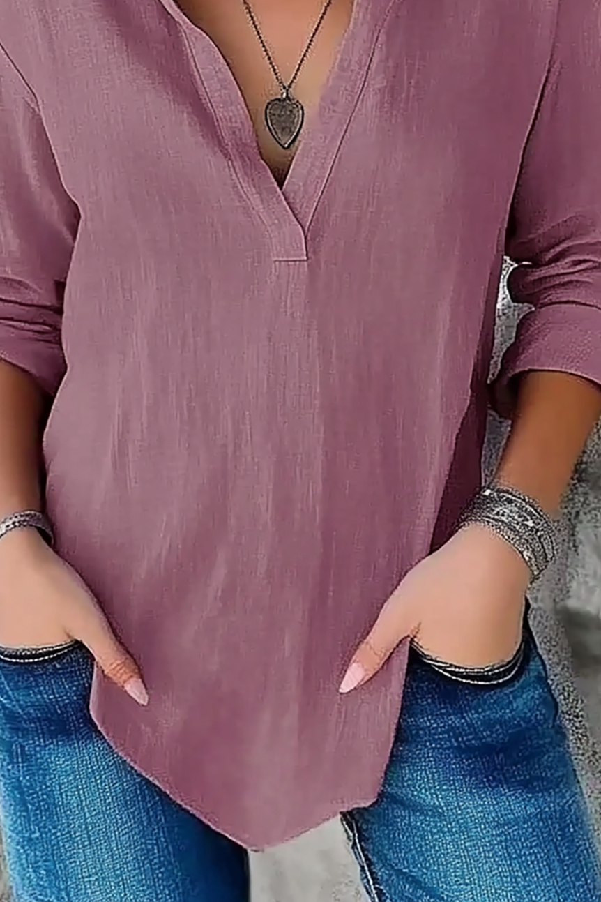 Casual Daily Top Purple Linen Deep V Loose Long Sleeve Shirt