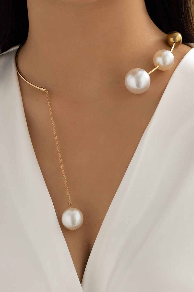 Geometric Round Bead Clavicle Chain Pearl Open Necklace