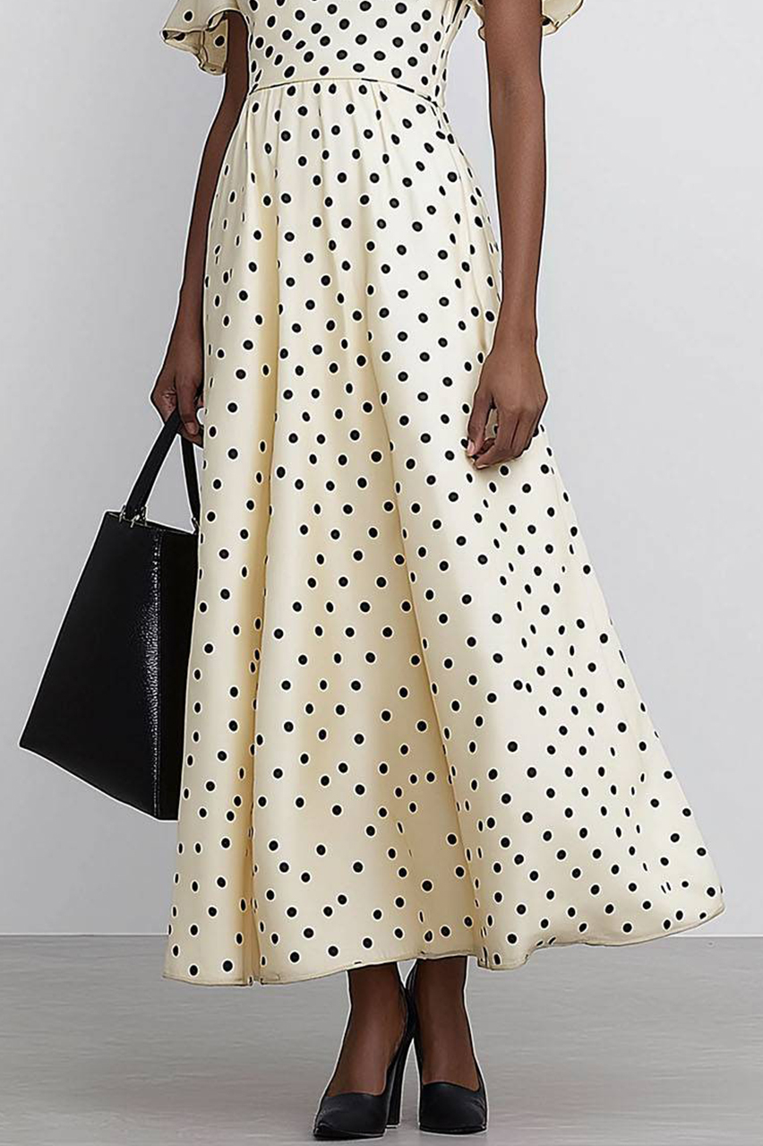 Daily Polka Dot Dress Lotus Leaf Sleeves Midi Neck Collar Maxi Dress