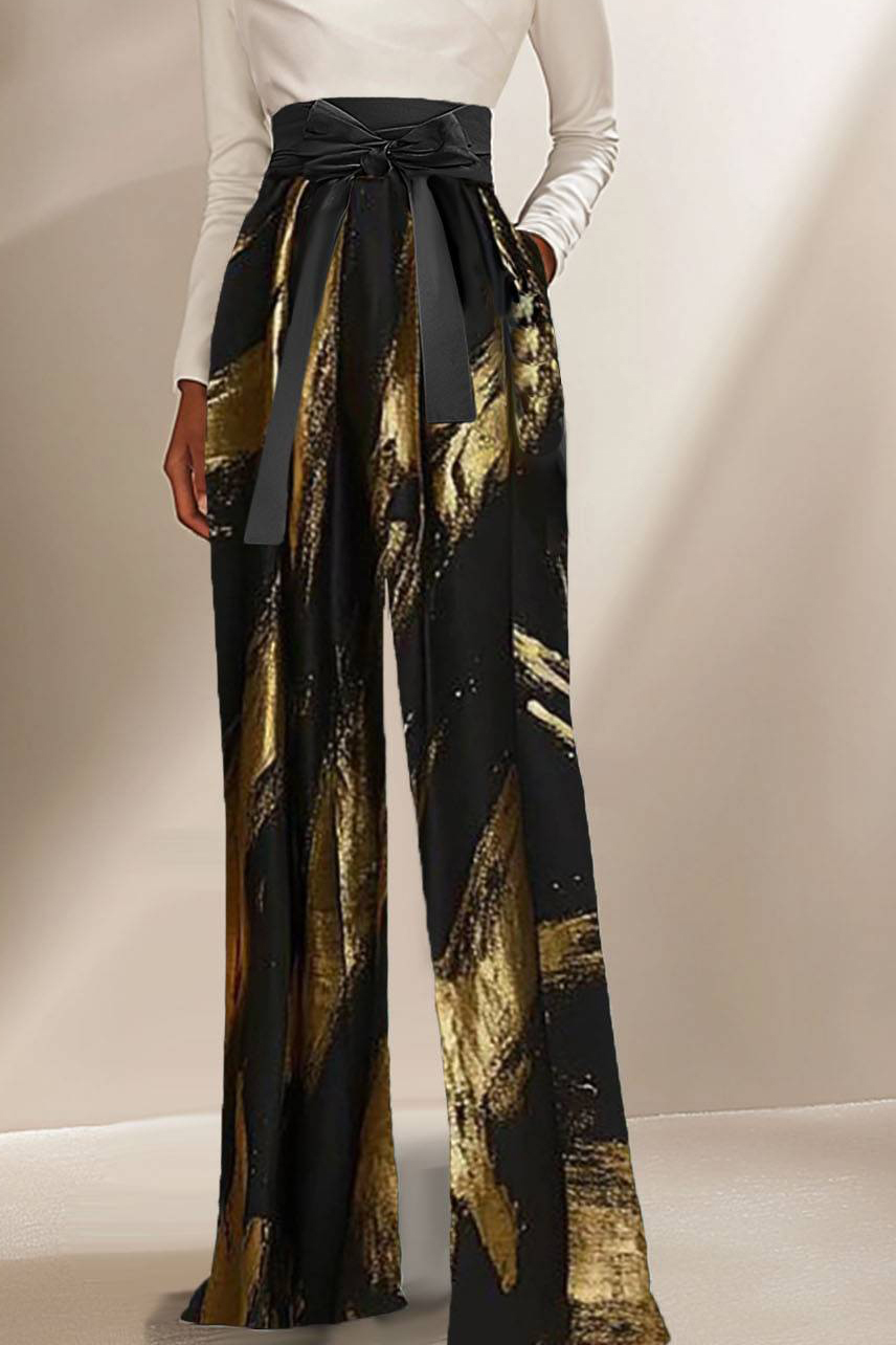Evening Contrast Jumpsuit Black Gold Metallic Bow Belt Jumpsuit