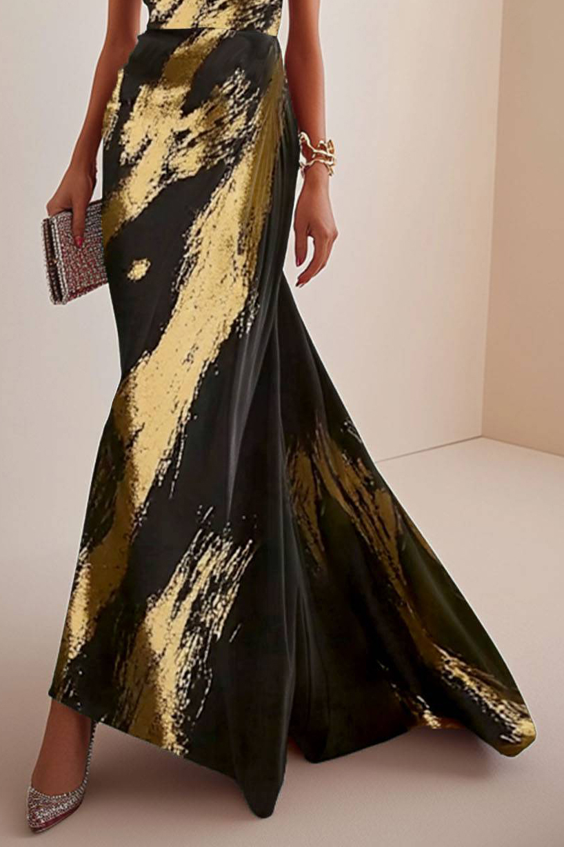 Party Black and Gold Dress Tube Top Pleated with Train Maxi Dress