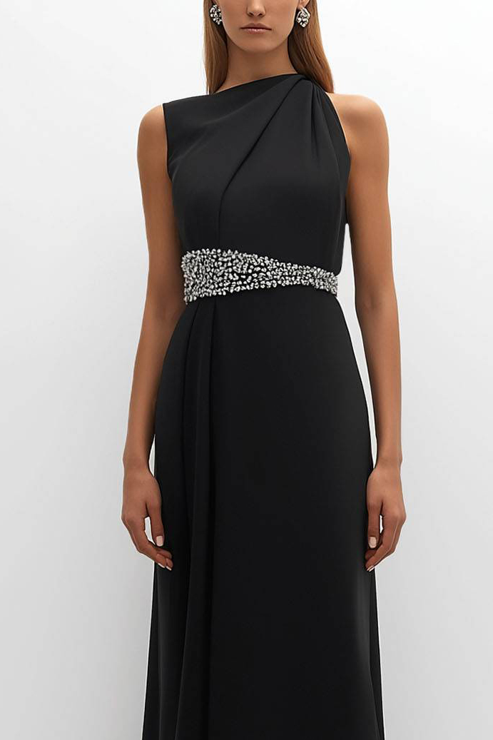 Elegant Black Evening Dress Rhinestone Belt One-Shoulder Maxi Dress