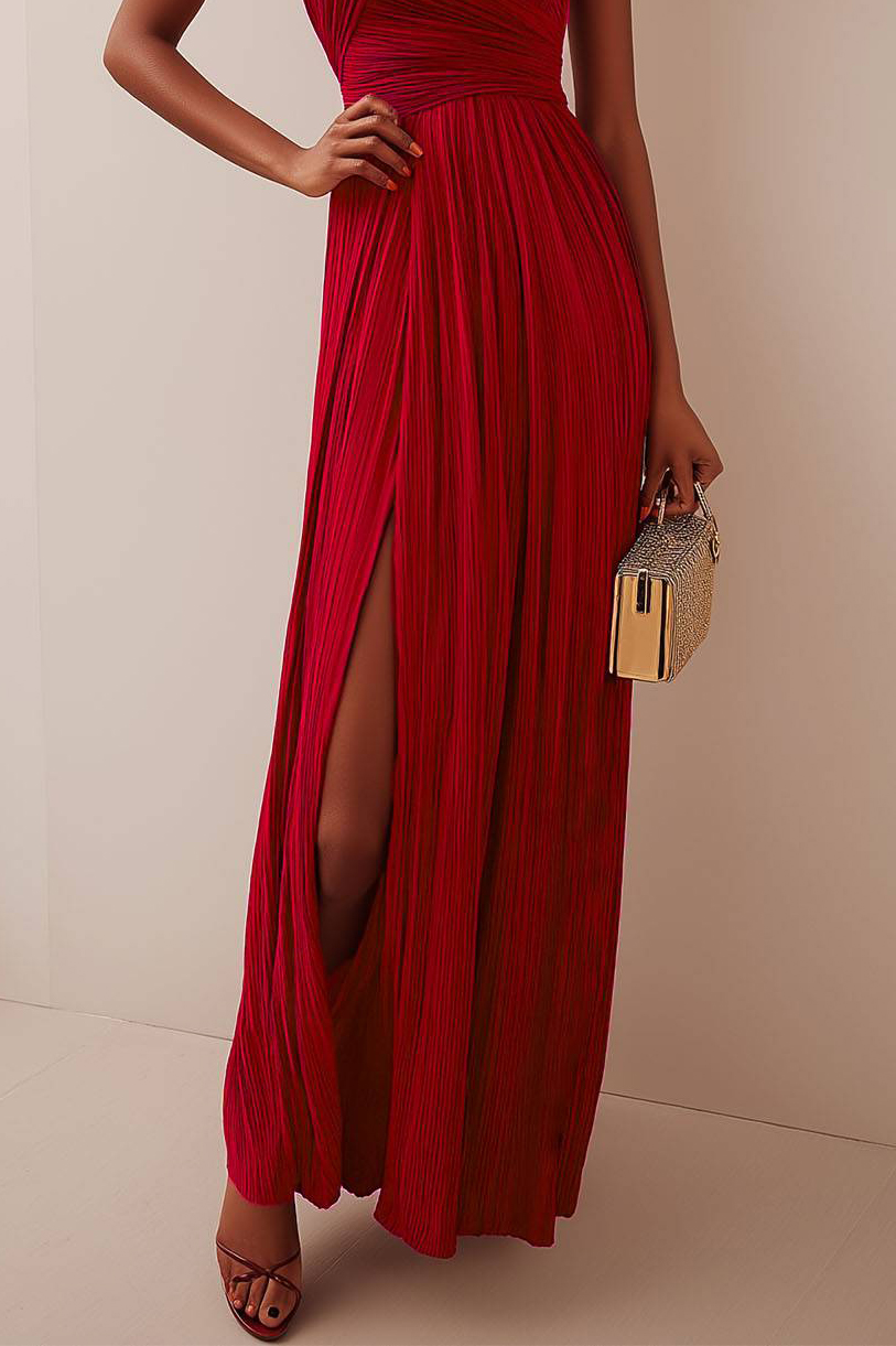 Cocktail Dance Dress Pleated Sleeveless One Shoulder High Slit Maxi Dress