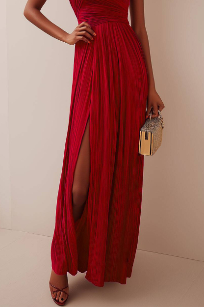 Cocktail Dance Dress Pleated Sleeveless One Shoulder High Slit Maxi Dress