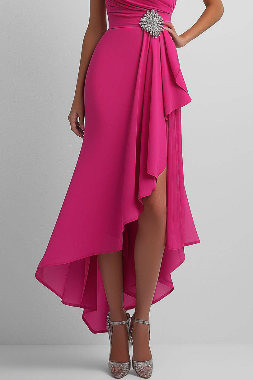 Cocktail Dress One Shoulder Pleated Rhinestone Decoration High Slit Midi Dress