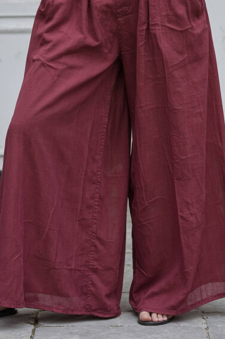 Casual Daily Pants Burgundy Loose-Fit Pocketed Wide-Leg Pants