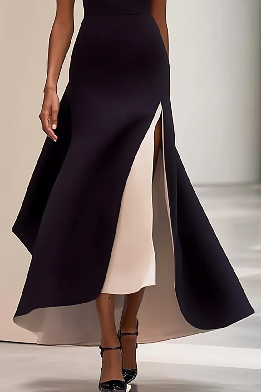 Elegant Slit Dress Cap Sleeve Black Pink Color Block Maxi Dress