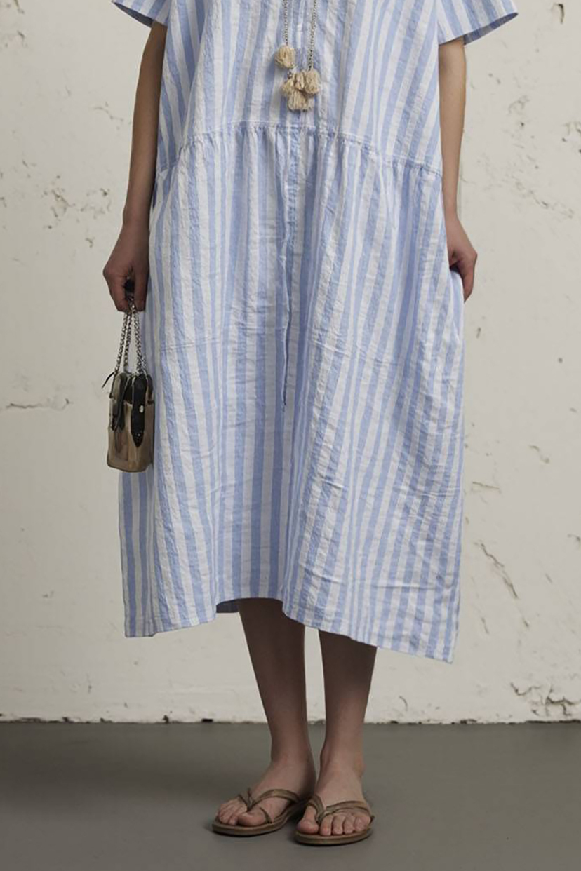 Vacation Casual Dress Blue and White Striped V-Neck Loose Midi Dress