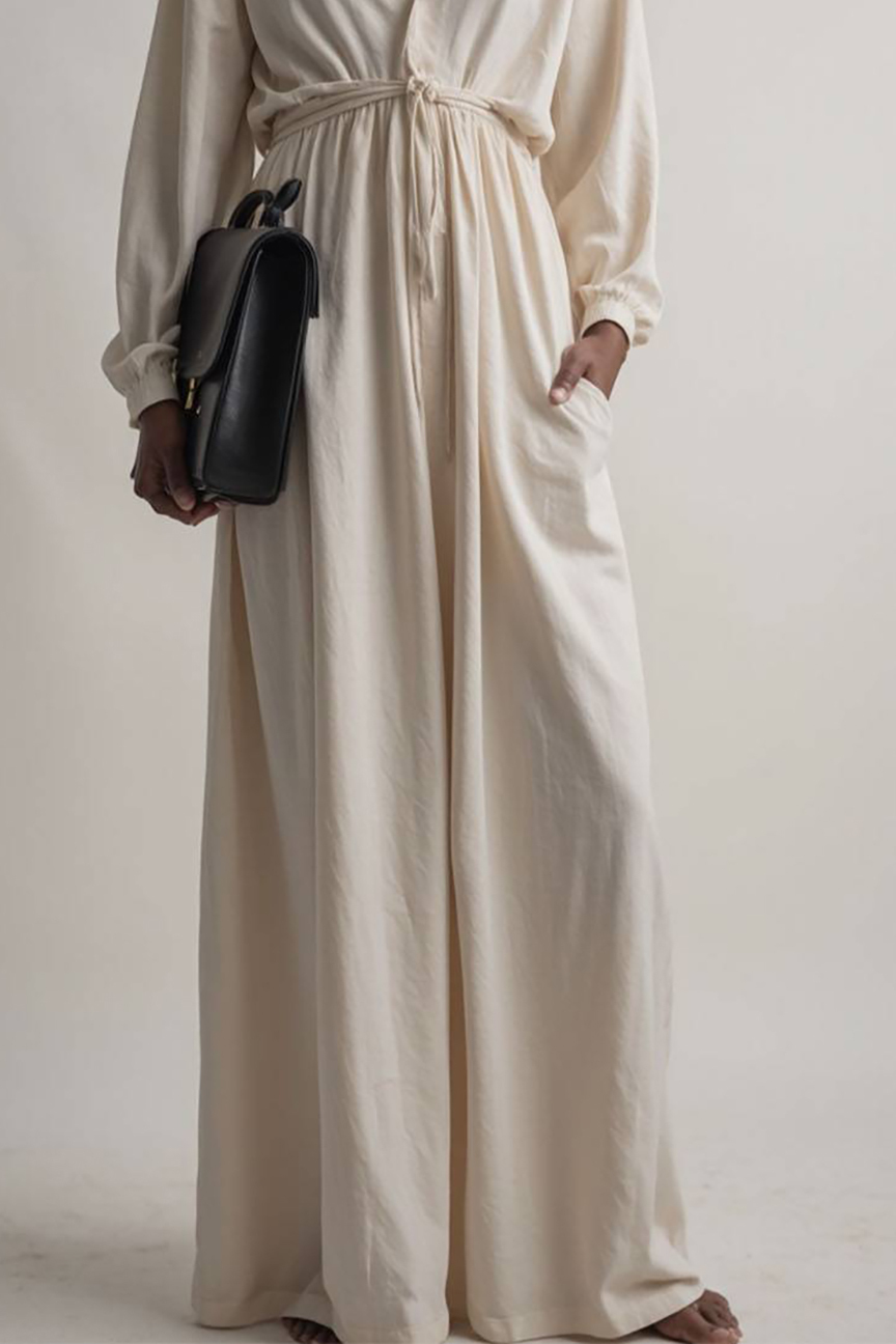 Vacation Casual Dress Linen Ivory Deep V Long Sleeve Pocketed Maxi Dress