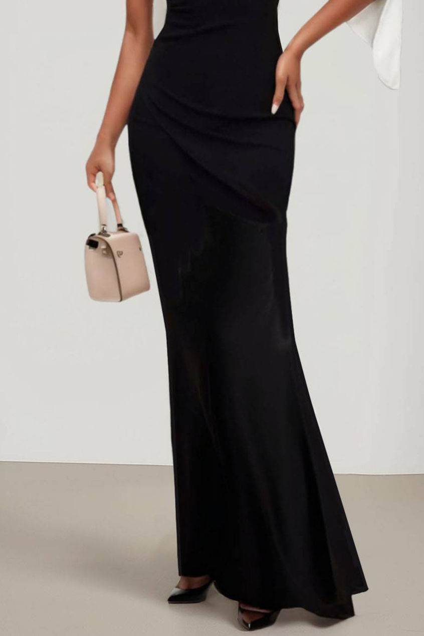 Evening Design Dress Color-Block One-Shoulder Slit Sleeve Waist Pleated Maxi Dress-chiclody
