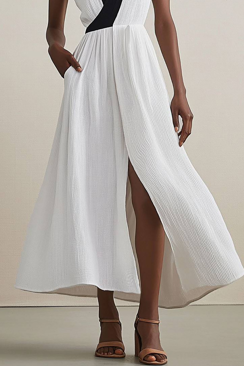 Bohemian Casual Dress Colorblock Sleeveless Linen with Pockets Slit Maxi Dress