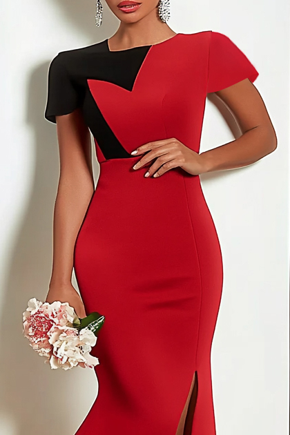 Maxi Party Dress Round Neck Asymmetric Slit Black Red Contrast Dress