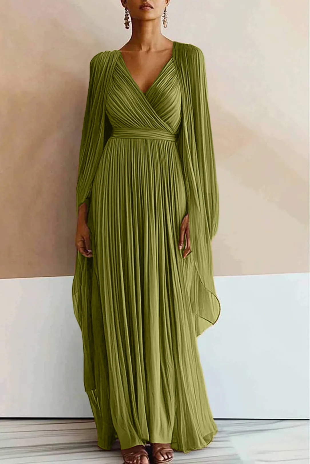 Evening Party Dress Pleated V-Neck Cape Maxi Dress