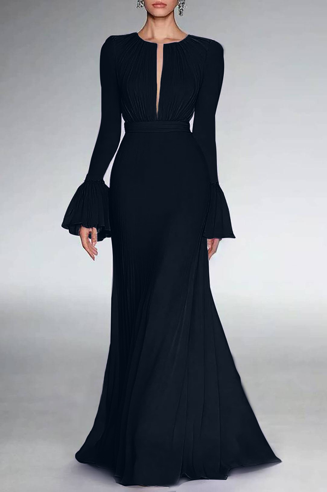 Party Formal Dress Purple Deep V-Neck Long Sleeve Ruffle Floor-Length Dress