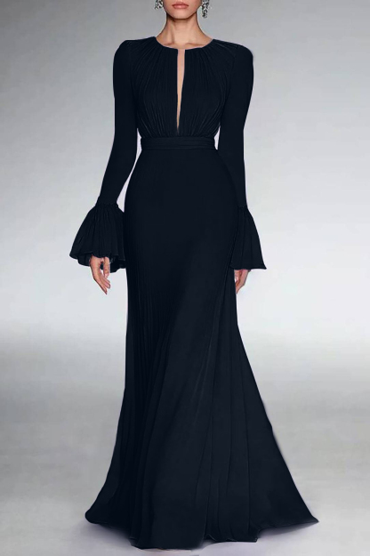 Party Formal Dress Purple Deep V-Neck Long Sleeve Ruffle Floor-Length Dress
