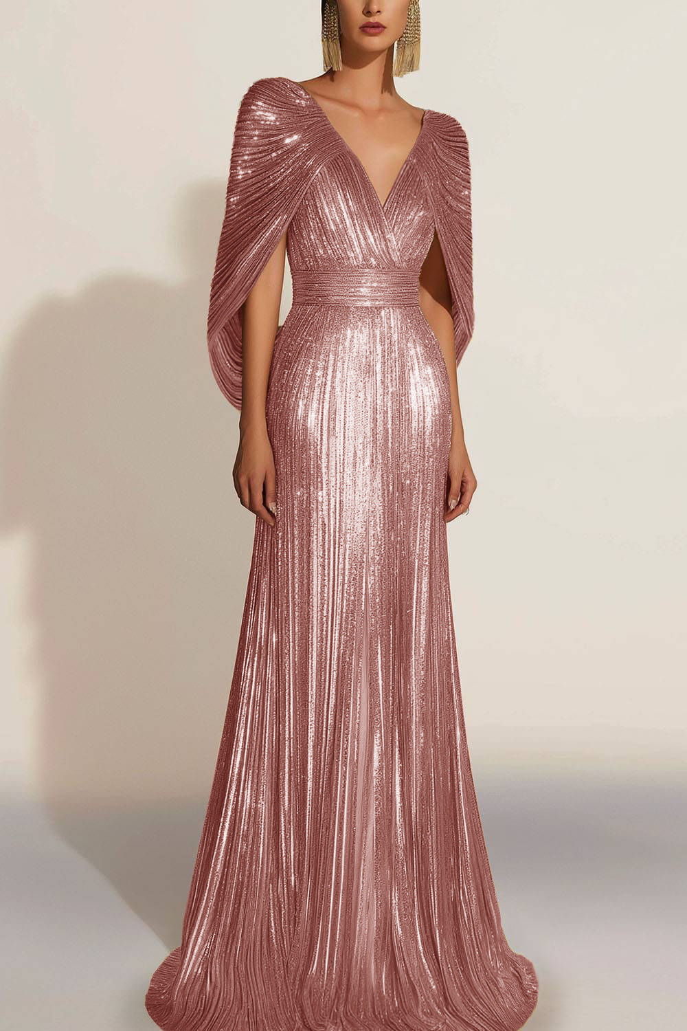 Formal Evening Fringe Dress Gold Cape V-neck Floor-length Gown