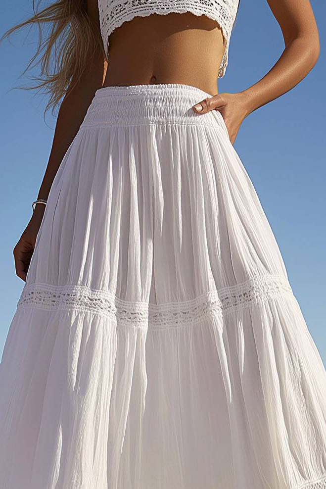 Casual Daily Skirt White Elastic Waist Long Skirt