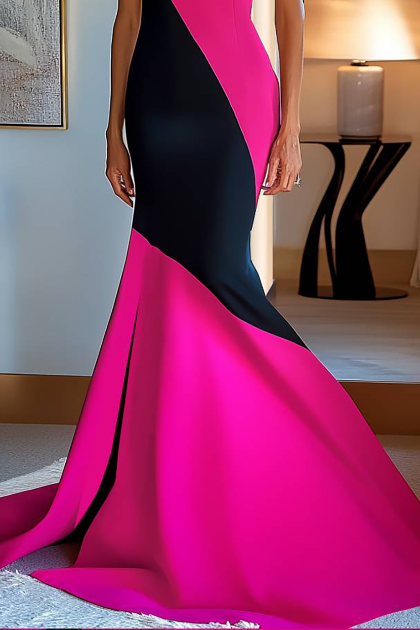 Party Color Matching Dress Mermaid Slit One-Shoulder Sleeve Floor-Length Dress