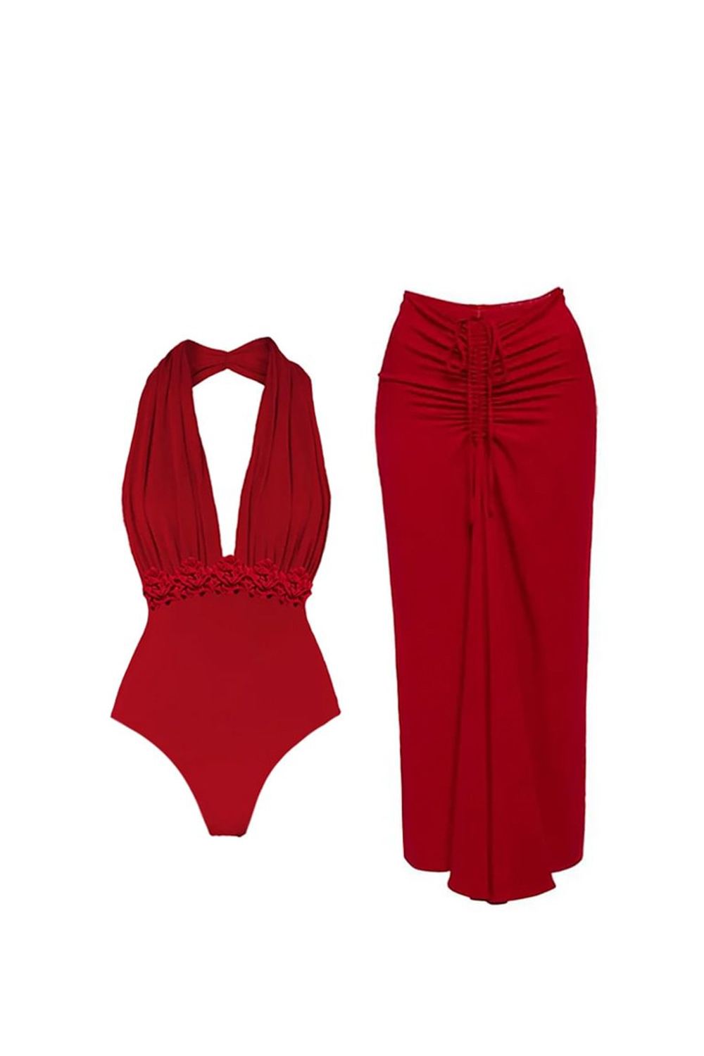 Solid Color V-Neck Halter Neck Drawstring One-Piece Swimsuit and Cover-Up