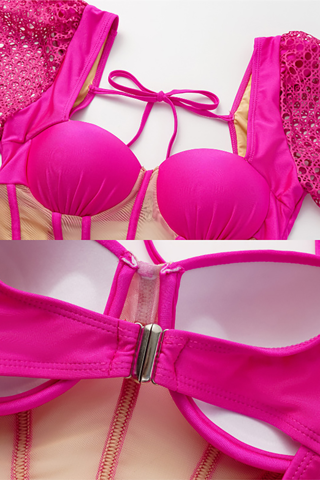 Hollow-Out Long-Sleeved Herringbone One-Piece Swimsuit and Cover-Up